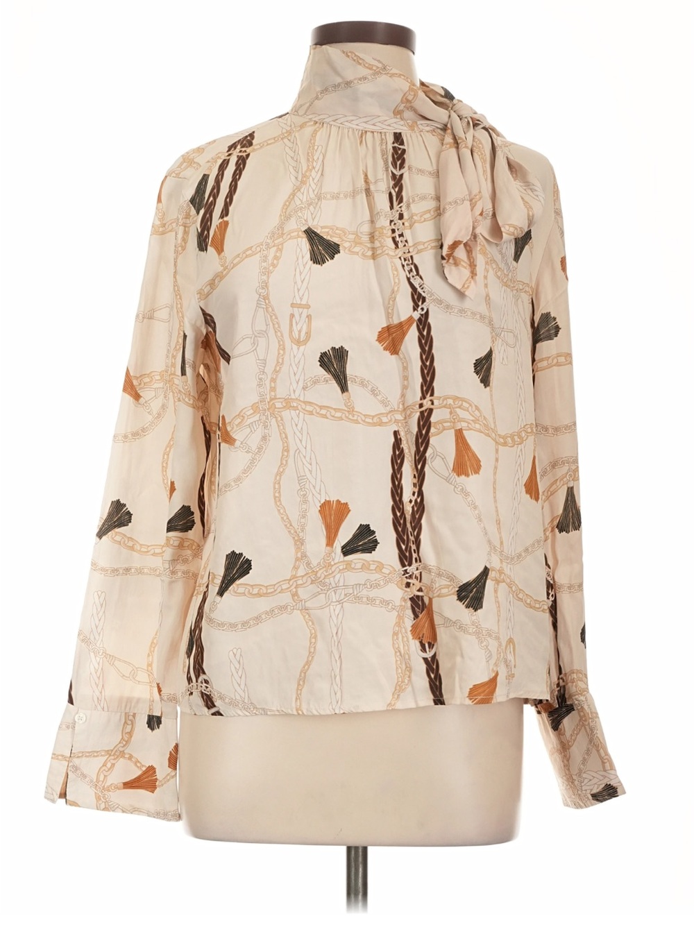Nine West Cream Tie-Neck Blouse with Tassel & Chain Print